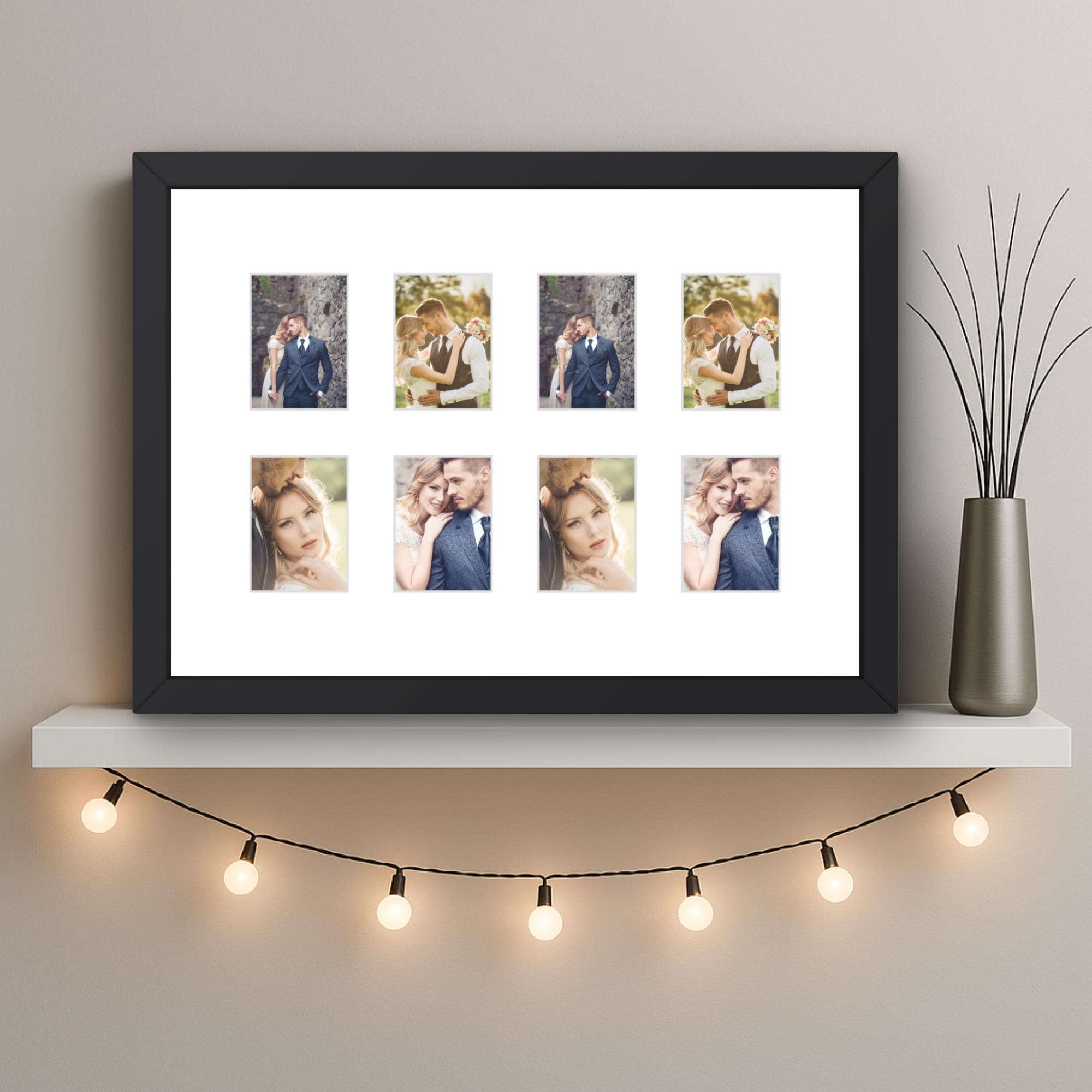 Instax Mini Frame â 8 Photo Multi Aperture Display, Black White Oak Wood Retro Picture Holder